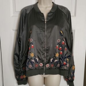 Embroidered Floral Bomber Jacket - Green